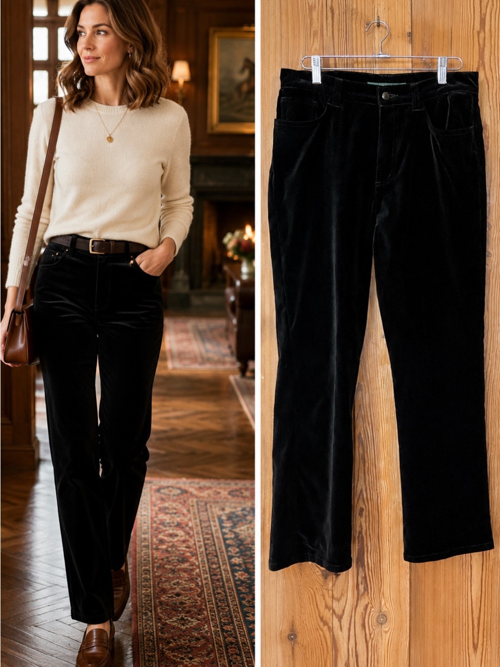 Vintage Lauren Ralph Lauren Black Velvet Stretch Straight Leg Pants Size 8 💚🍄